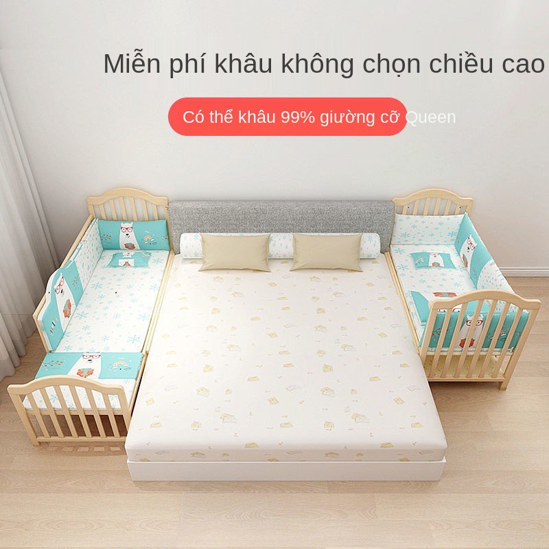 cũi trẻ em ghép giường lớn gỗ nguyên khối không sơn nôi bb đa năng cho bé sơ sinh rời