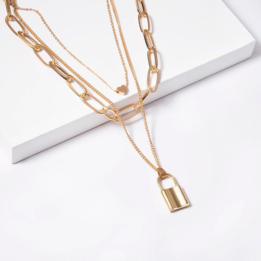 EXPEN Vòng cổ Nhiều Lớp Mặt Ổ Khóa Trái Tim