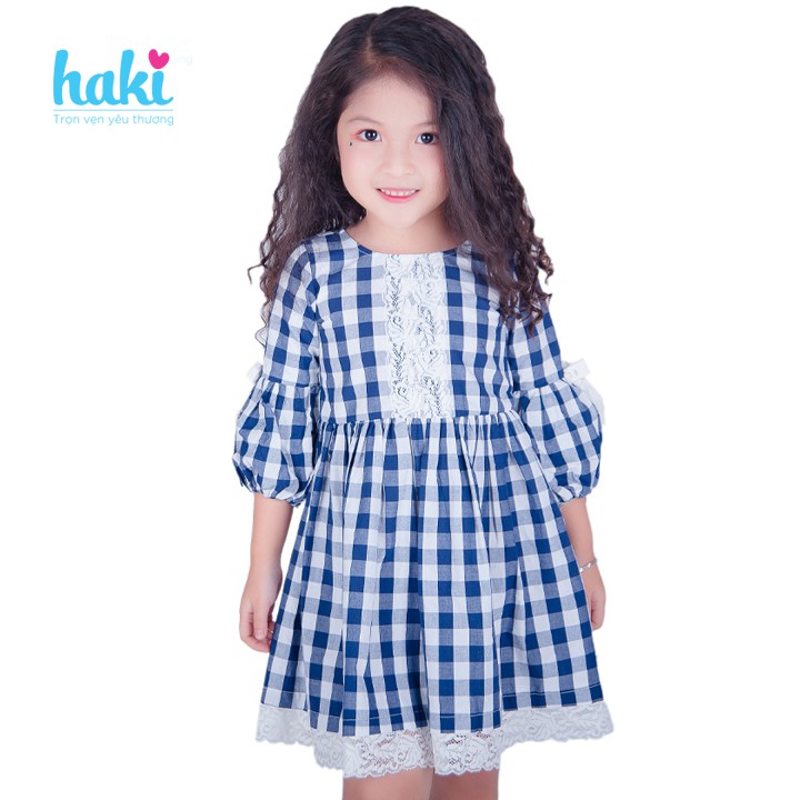Váy bé gái thô kẻ xanh phối ren tay phồng - Xanh -Haki