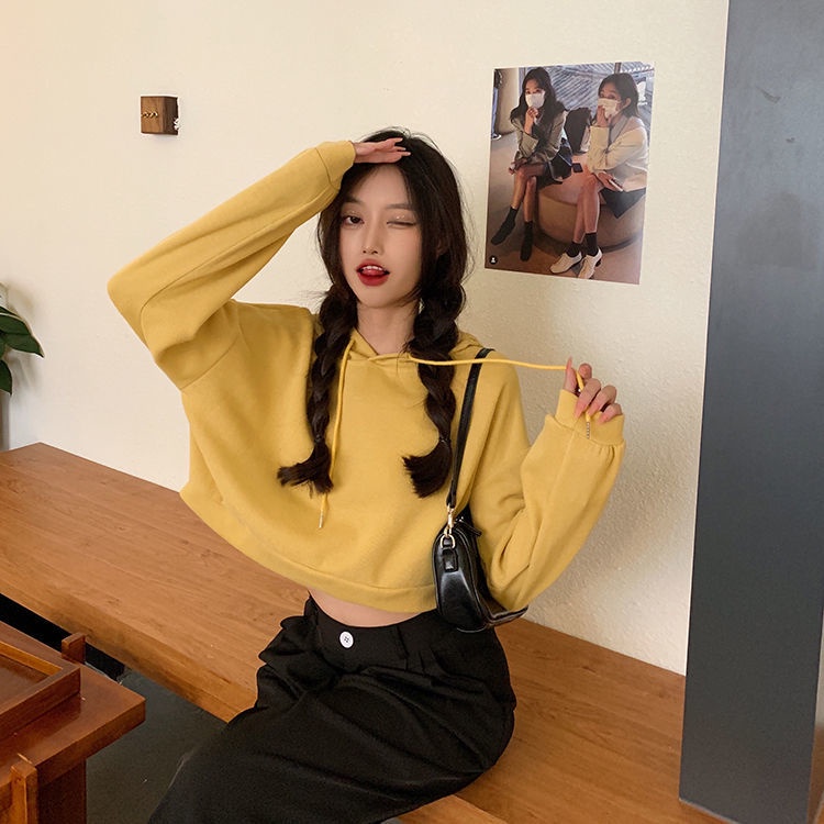 Áo Hoodie Ngắn Mỏng Dáng Rộng Màu Trơn Phong Cách Hàn Quốc Thời Trang Mùa Thu Hàng Mới Dành Cho Bạn Nữ