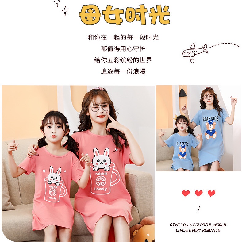 Đầm Ngủ Tay Ngắn Chất Liệu Cotton Thời Trang Xuân Hạ Cho Mẹ Và Bé Kích Thước 100-180cm
