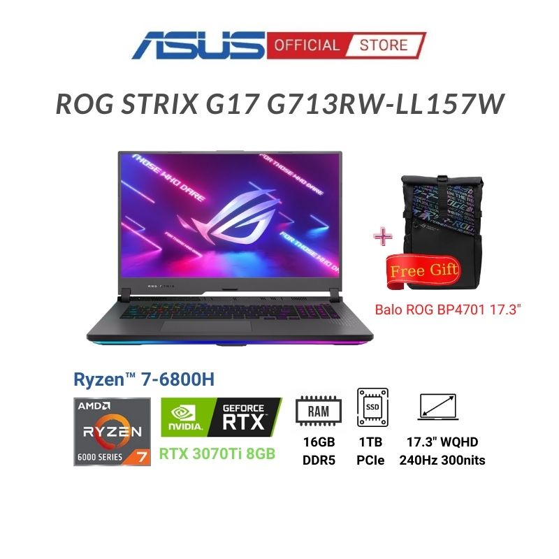 [Mã ELMALL7 giảm 7%] Laptop Asus ROG Strix G17 G713RW-LL157W (Ryzen™ 7-6800H + RTX™ 3070 Ti 8GB + 17.3-inch WQHD)