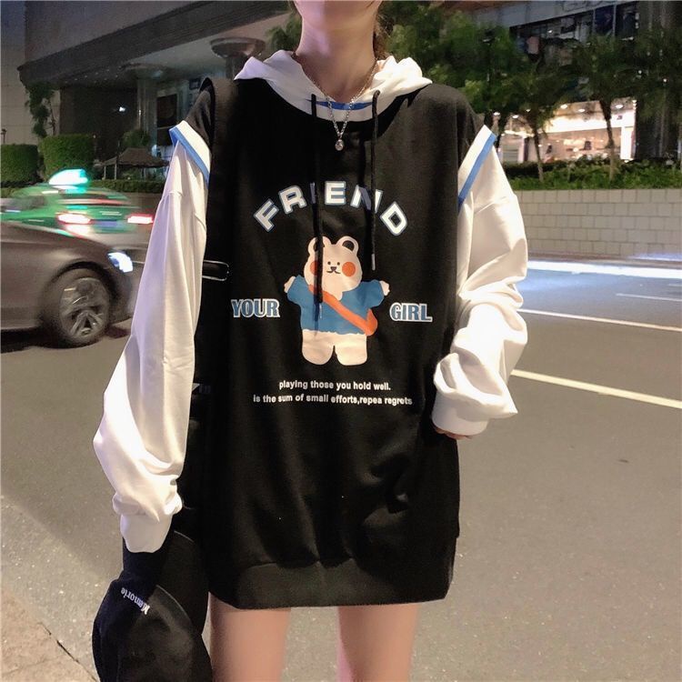 Áo hoodie tay dài giả hai lớp in họa tiết gấu dễ thương thời trang Hàn Quốc cho nữ