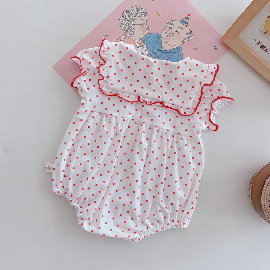 Áo Liền Quần Tay Ngắn Cổ Búp Bê Phối Ren Họa Tiết Chấm Bi Thời Trang Mùa Hè Dễ Thương Cho Bé Gái | BigBuy360 - bigbuy360.vn
