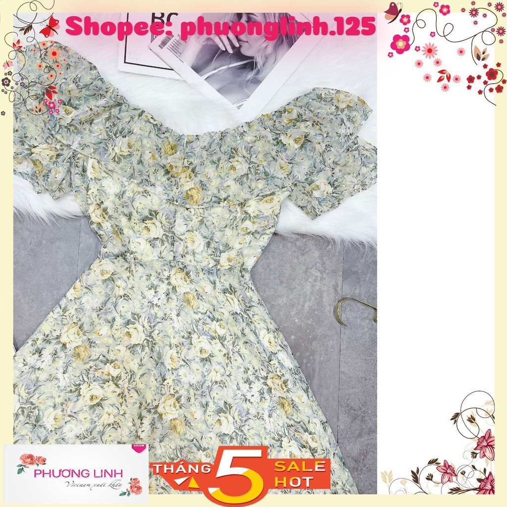 VÁY TƠ BÈO NGỰC CHUN VAI HOA XANH | BigBuy360 - bigbuy360.vn