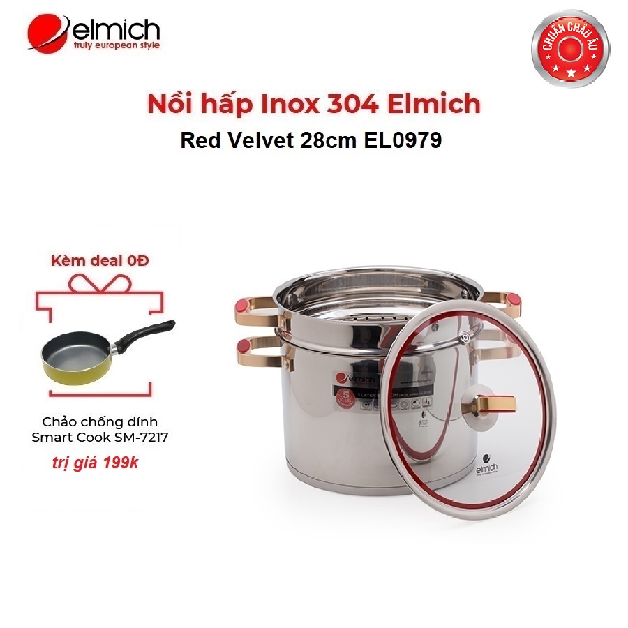 [Mã LIFECPMALL giảm 12% đơn 250K] Nồi hấp ELMICH Inox 304 Red Velvet 28cm EL0979