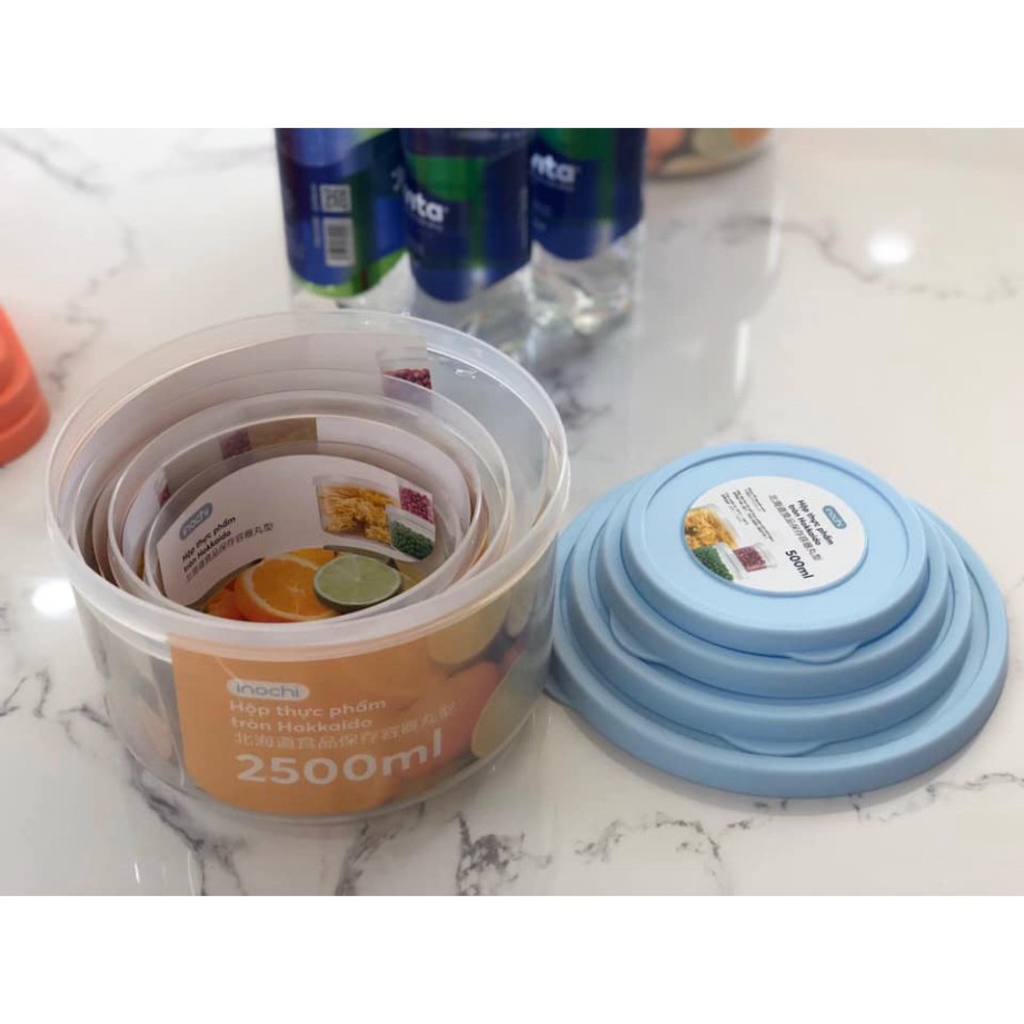 Bộ 6 hộp nhựa đựng thực phẩm tròn Inochi (500-750-1000-1500-2000-2500ml) (tiêu chuẩn Nhật Bản)