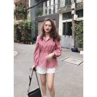 Áo sơ mi cổ vest dây rút caro đỏ
