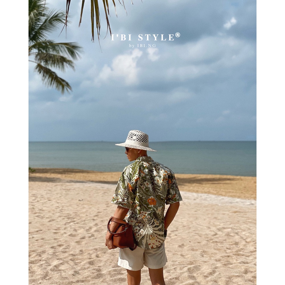 Áo sơ mi tay ngắn linen hoa xám/xanh