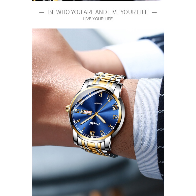 Poshi Đồng Hồ quartz Dây Thép Không Gỉ Chống Thấm Nước Phát Quang Cho Nam