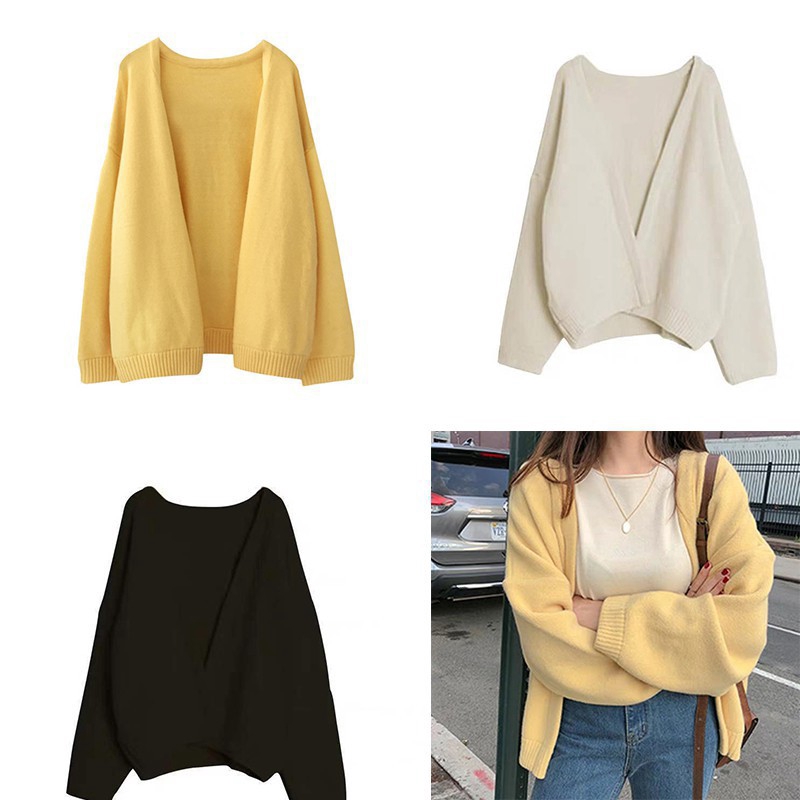 C&M Women Long Sleeve Casual Loose Soft Yellow Knit Cardigan
