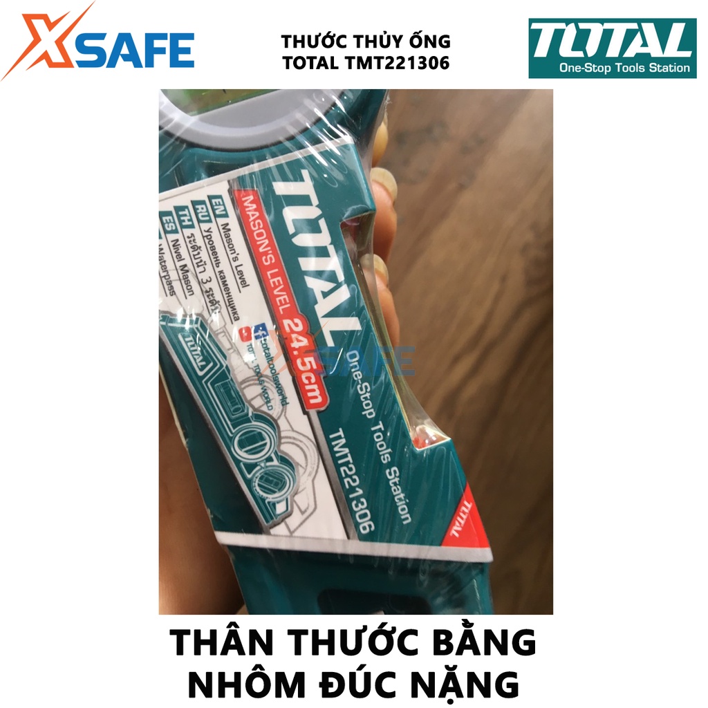 Thước thủy ống TOTAL TMT221306 Thước nivo dài 24,5cm, thân thước nhôm đúc nặng, chịu lực chịu nhiệt bền bỉ