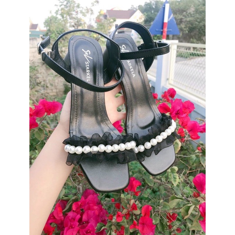 Sandal đính ngọc nơ nhún 5p mã HH34