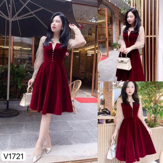 Váy nhung đỏ phối voan