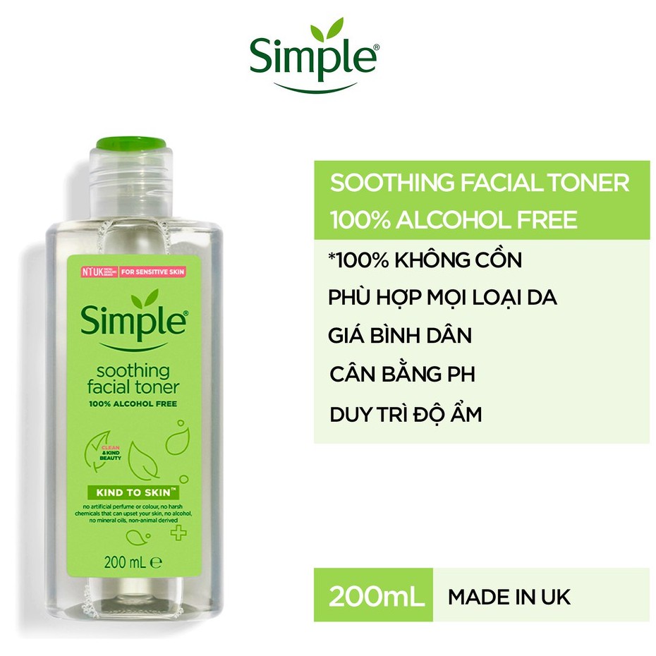 Nước hoa hồng Simple  Freeship  làm dịu và cân bằng độ ẩm cho da - Toner lành tính không chứa cồn 200ml