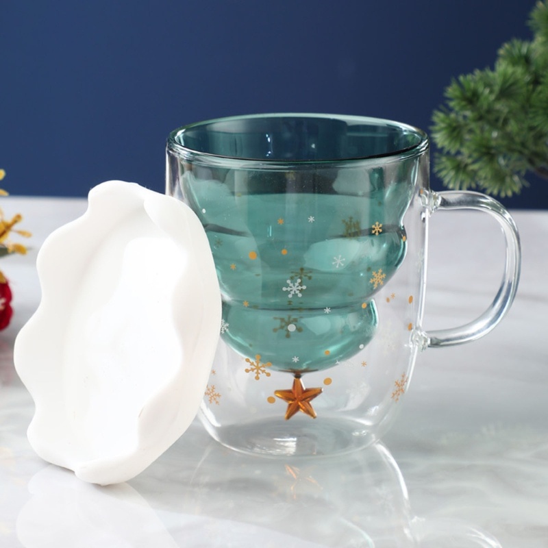✿ Cốc Thủy Tinh Uống Cà Phê In Hình Cây Thông Giáng Sinh