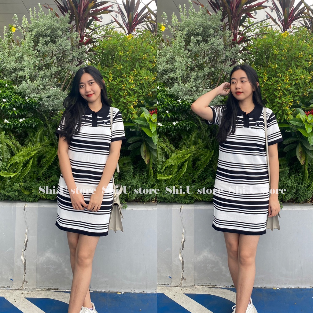 Váy polo len mongtoghi mỏng nhẹ kẻ sọc ngang đen trắng ulzzang