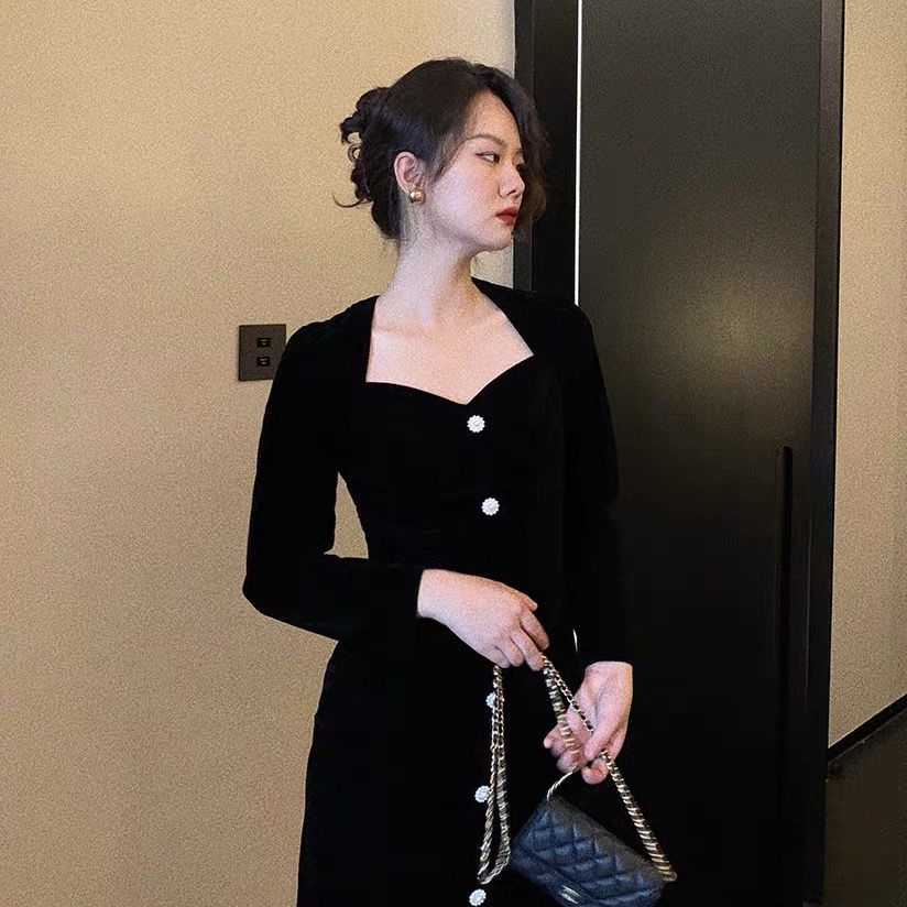 Đầm Dài Ôm Eo Tay Dài Phong Cách Pháp Cổ Điển Thời Trang Thu Đông Hàng Mới Dành Cho Nữ