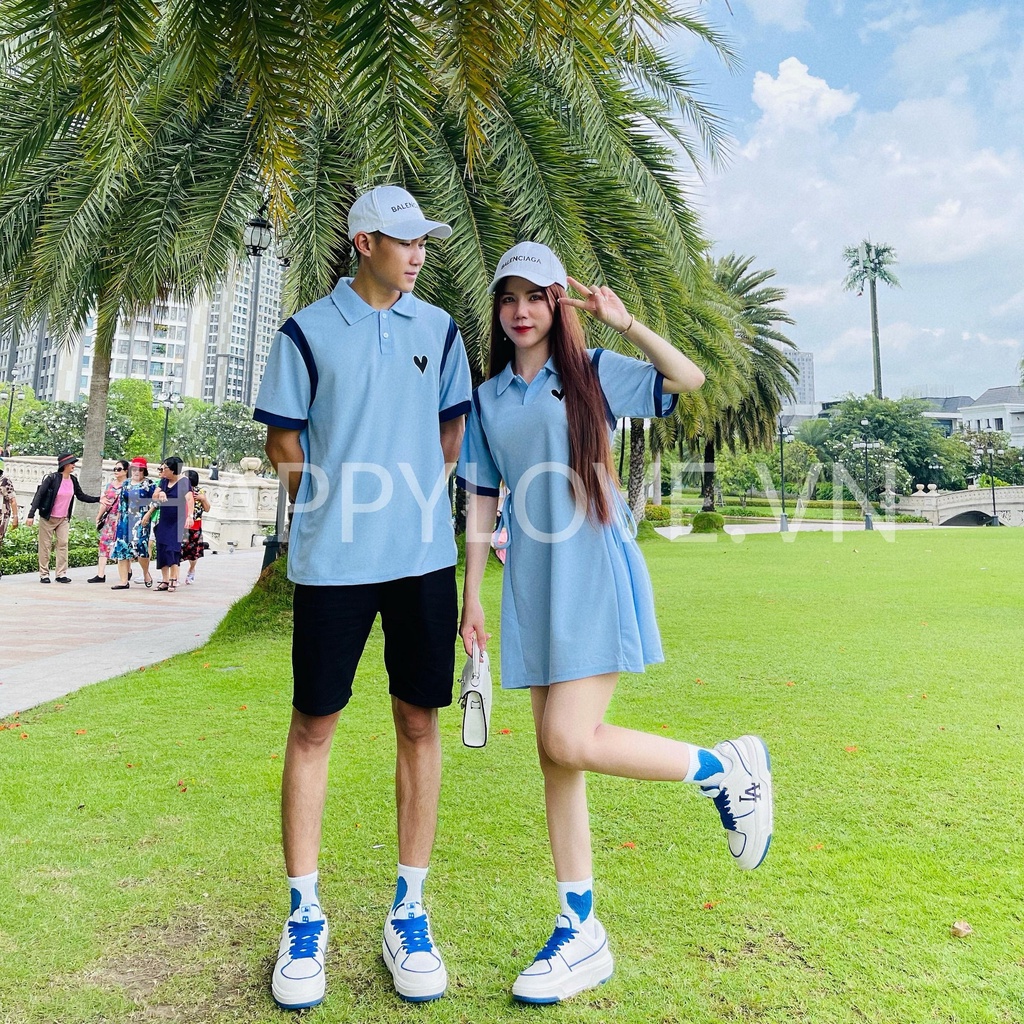 Set đồ đôi nam nữ couple Váy nữ Áo nam polo Hàn Quốc xanh dương HAPPYLOVE, Đồ cặp Đầm nữ Áo nam Quảng Châu cao cấp H24