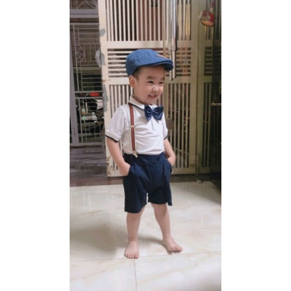 Set yếm công tử 2023 Áo polo 2 màu trắng-xanh cho bé trai (6-24Kg) - Quần áo trẻ em vải thun cá sấu co giãn thoải mái