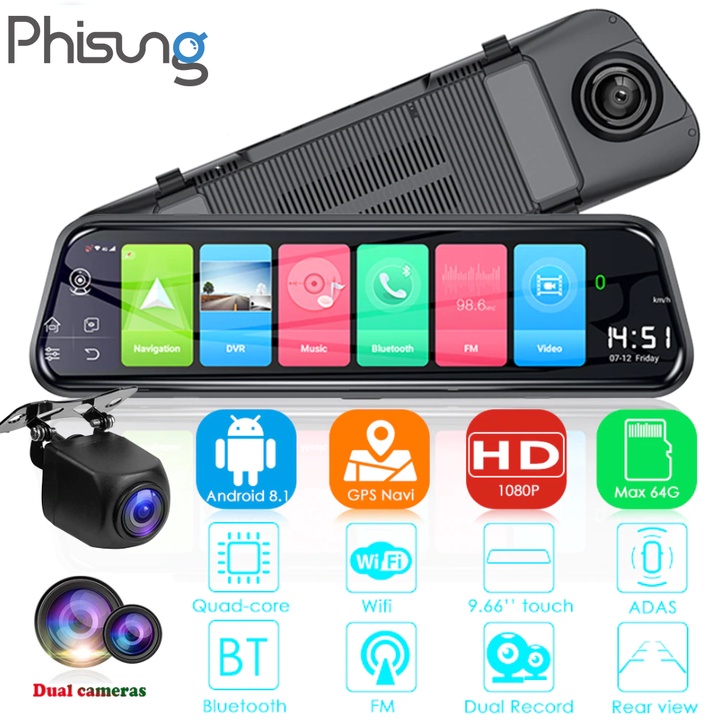 Camera hành trình gương ô tô Phisung Z55,  Android 8.1 - Bluetooth 4.0 - Màn hình 10inch, Ram 2G, Room 16G