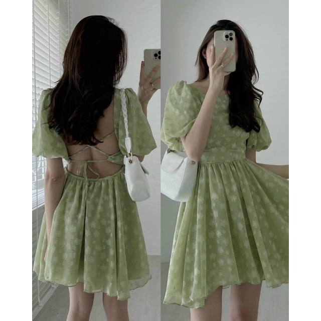 Đầm ren hoa nổi xoè dây đan lưng hở lưng. Trắng xanh mint. Thời trang đầm váy đi chơi dạo phố du lịch đơn giản dễ thương