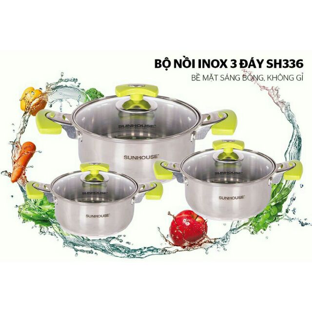 Bộ 3 nồi inox 3 đáy SUNHOUSE SH336 16-18-24cm