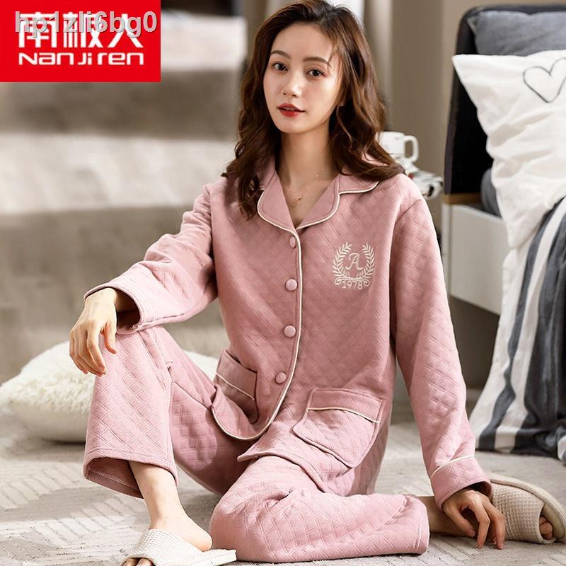 ۞₪❁Nam cực không khí cotton đồ ngủ nữ mùa xuân và thu dày bông tinh khiết mặc nhà đông bánh sandwich mỏng c