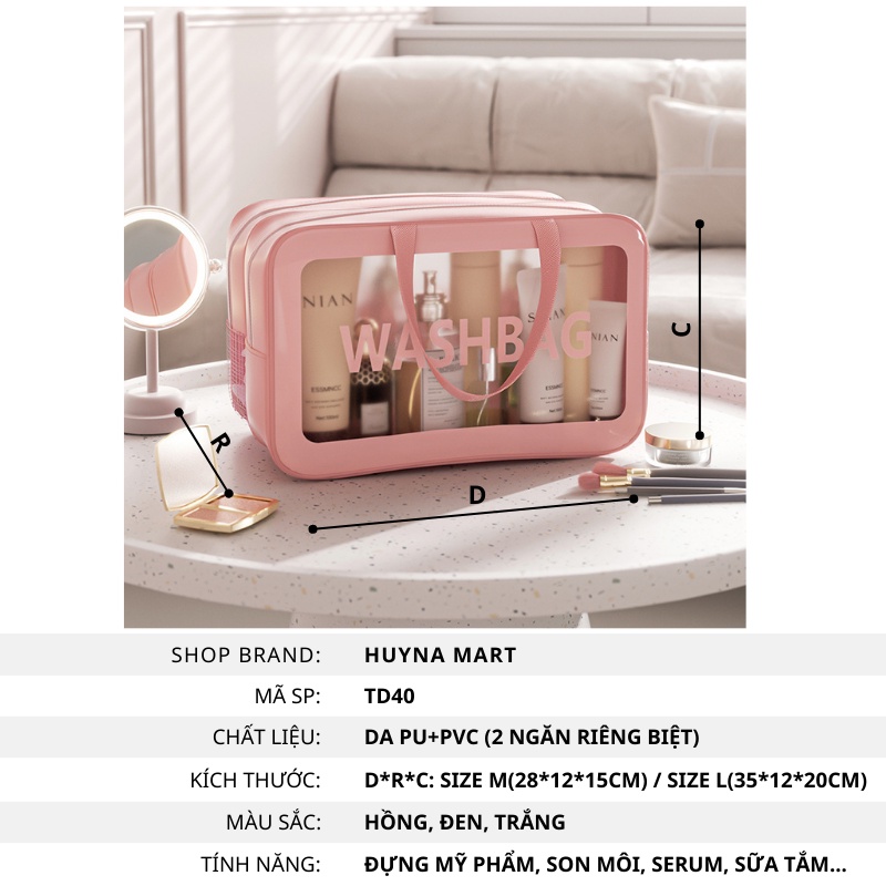 Túi đựng mỹ phẩm 2 ngăn Washbag, chất liệu PVC trong suốt, có tay cầm cao cấp Huyna Mart TD40