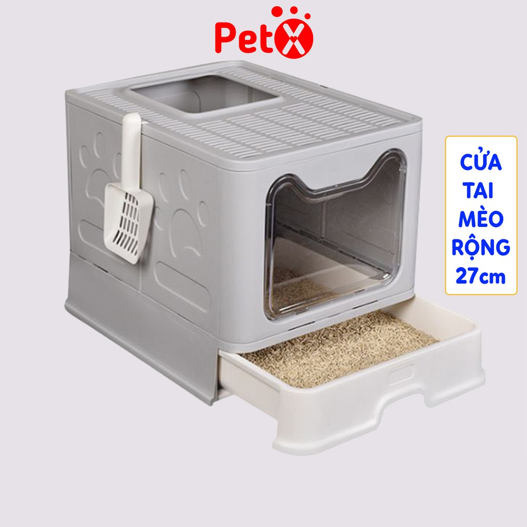 Nhà vệ sinh cho mèo có ngăn kéo khép kín có cửa vào ra riêng chống văng cát kèm xẻng Boxy PetX