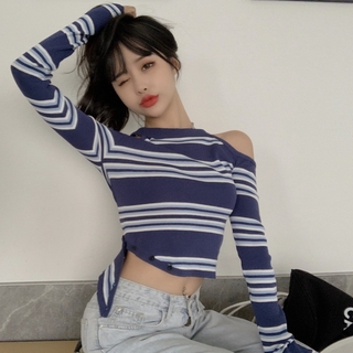 Áo Thun Nữ Tay Dài Hở Vai Kẻ Sọc Ngang Thời Trang