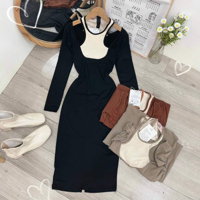 Đầm body cổ yếm phối màu