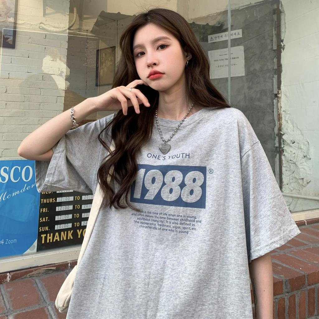 Áo thun tay ngắn dáng rộng in chữ thời trang đơn giản cho nữ