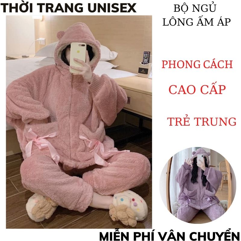 Bộ lông cừu thu đông siêu ấm thắt nơ túi 2 màu hồng tím thời trang Hàn Quốc. Đồ bộ mặc nhà, bộ ngủ nữ.METSHOP