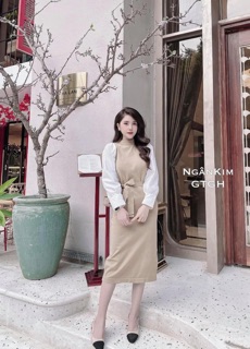 Vây len phối tay sơ mi đen/ be