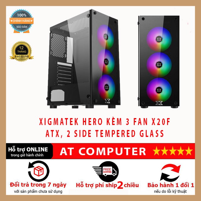 Vỏ case máy tính Xigmatek Hero - Kèm 4 fan - Gaming ATX - 2 mặt kính cường lực - ATcomputer