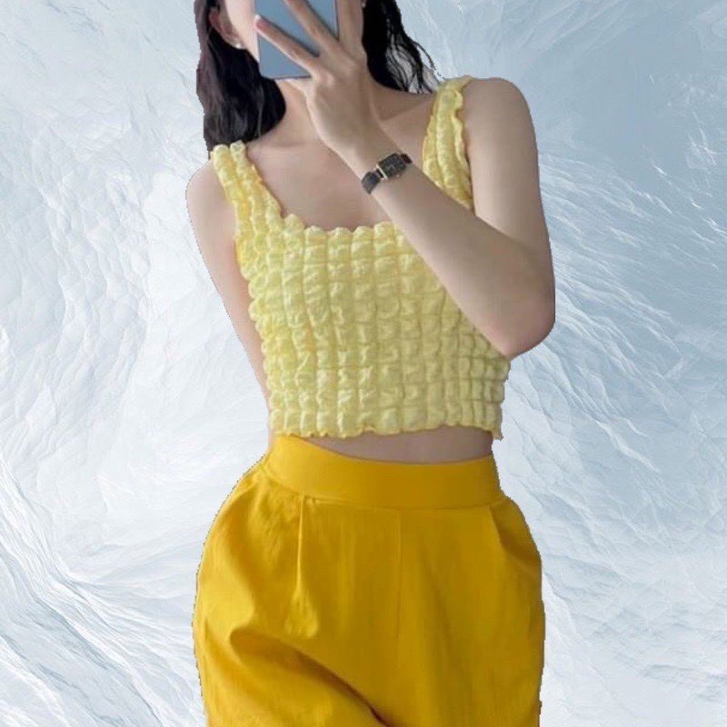 Áo Croptop Cổ Vuông Hai Dây Bản To Chất Xốp Phồng Mẫu Mới Siêu Hot