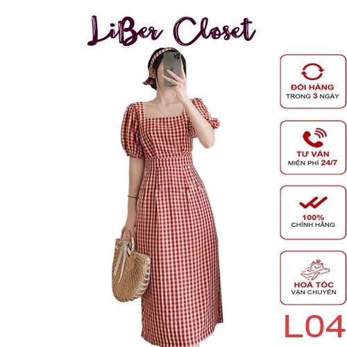 Váy Dài Qua Gối Sang Chảnh Váy Suông Dáng Dài Siêu Xinh Tay Bồng Cổ Vuông Kẻ Caro Kèm Tu Ban Tôn Dáng Style Hàn L04