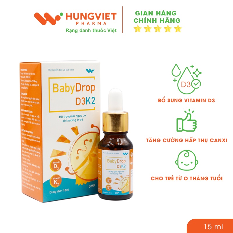 Siro Baby Drop D3K2 cho trẻ từ 0 tháng tuổi thiếu Vitamin D, còi xương, thiếu canxi do kém hấp thụ HungViet Pharma 15ml