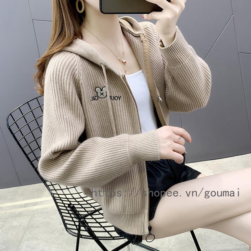Aó len khoác cardigan nữ dệt kim sáng rộng dài tay có mũ chất lượng cao cấp thời trang mùa thu đông