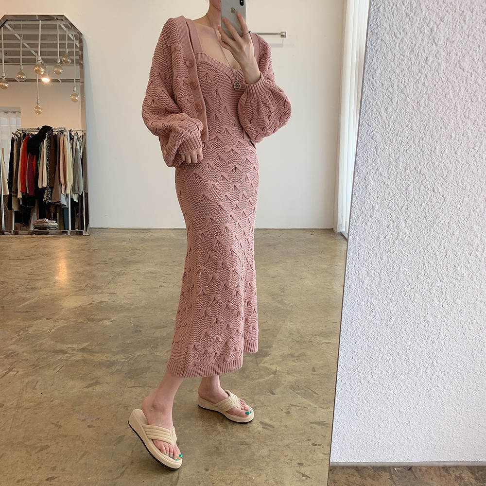Set Áo Khoác Cardigan Dệt Kim Tay Phồng + Đầm Sweater Phong Cách Hàn Quốc | BigBuy360 - bigbuy360.vn