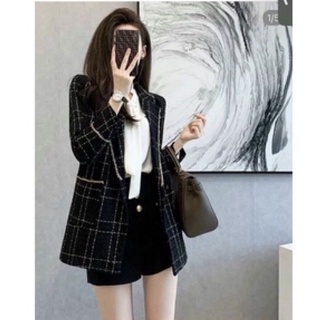 Áo khoác dạ nữ cổ vest kẻ sọc