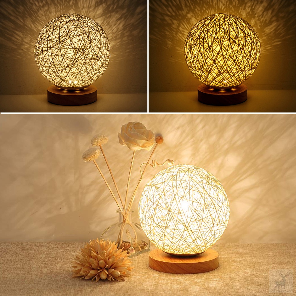 3W USB Moon Table Lamp Dimmable Hand-Knit Lampshade Wood Moon Lamp Bedroom Home Wedding Decoration Moonlight Beside Night Light