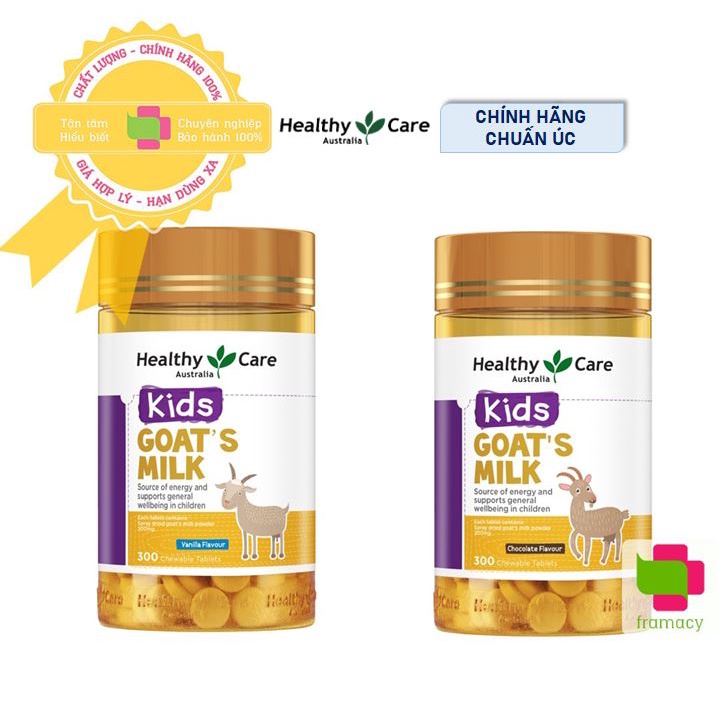 Kẹo sữa dê Healthy Care Goat's Milk Socola/Vani, Úc (300v) bổ sung canxi, giảm biếng ăn chậm lớn cho trẻ từ 2 tuổi