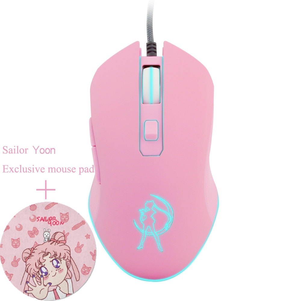 Chuột quang chơi game có dây màu hồng thời trang hình thủy thủ mặt trăng 2400dpi không gây tiếng ồn cho nữ