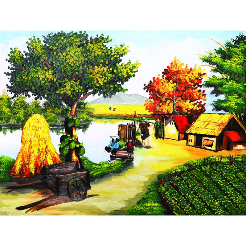 Tranh Dán tường 3D Phong Cảnh Làng Quê đình làng, cổng làng, đường làng, hồ nước, hình ảnh quen thuộc