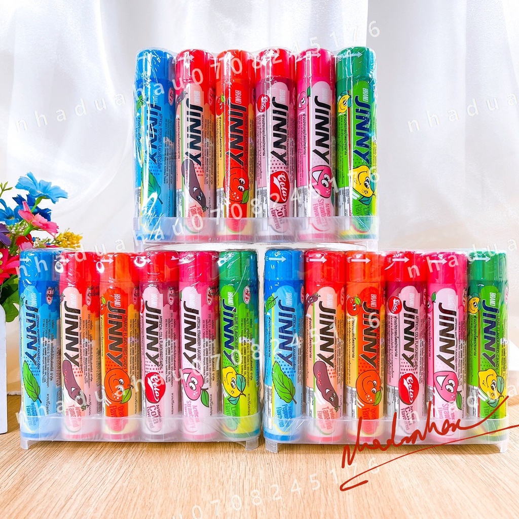 Lốc 12 thanh kẹo nhai mềm vị trái cây dâu/ đào/ me/ bạc hà/ chanh/ cola hiệu Jinny Thái Lan thanh 20gam