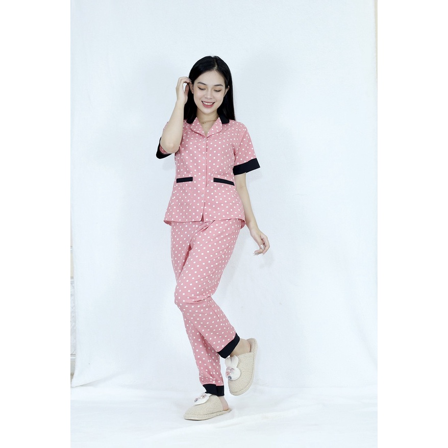 Bộ đồ bộ Pijama CHẤM BI HỒNG RUỐC PHA CỔ CỰC XINH vải siêu lụa  - Thoải Mái Nhẹ Nhàng co giãn nhẹ