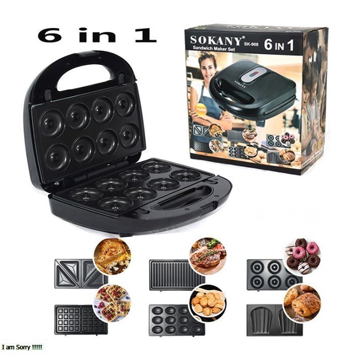 Máy Kẹp Nướng Làm Bánh Mi, Waffle 6 Bộ Khuôn Chính Hãng SOKANY