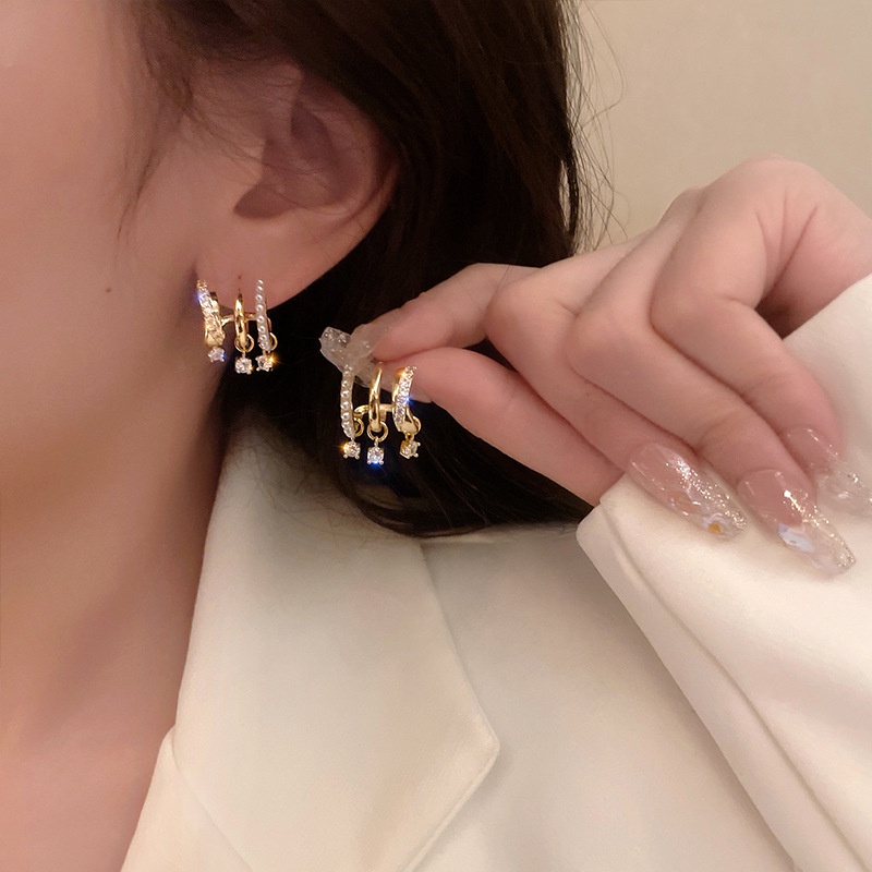 Bông Tai Hình Học Ba Lớp Đính Ngọc Trai Zircon Phong Cách Hàn Quốc Cho Nữ